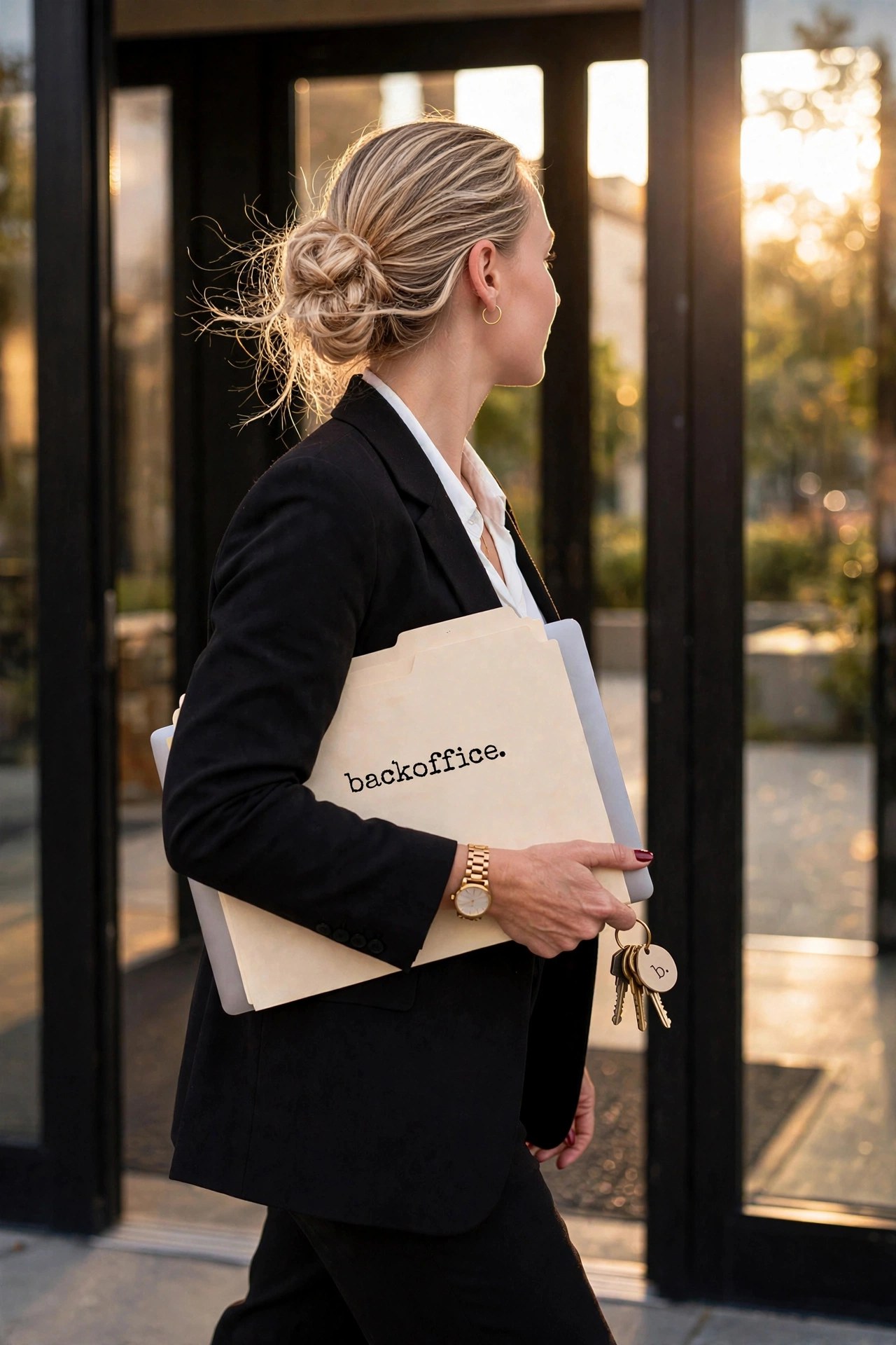 Geneva Bast arriving, files in hand