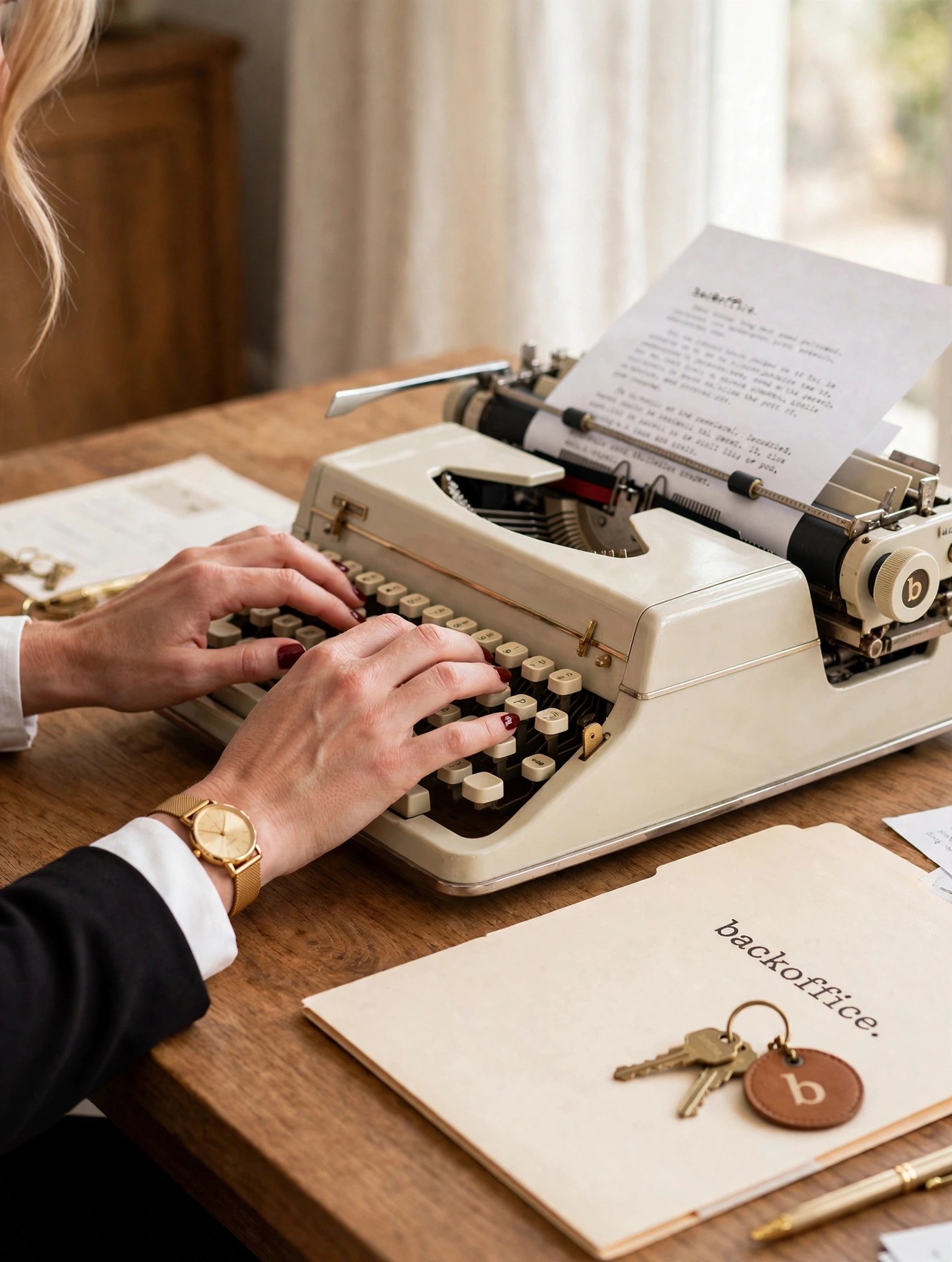 Hands at the typewriter, the file open beside